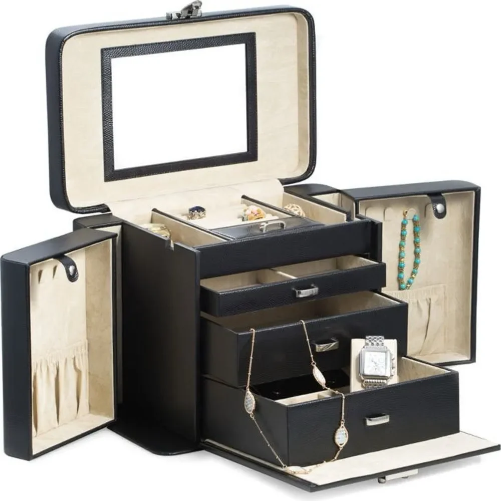 Bey-Berk Lizard Print Leather Jewelry Box - Black